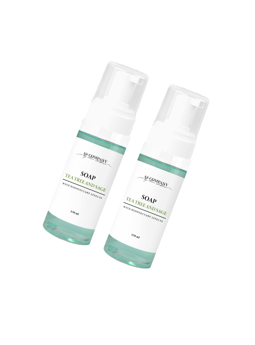 Two bottles of soap with green labels on a light gray background