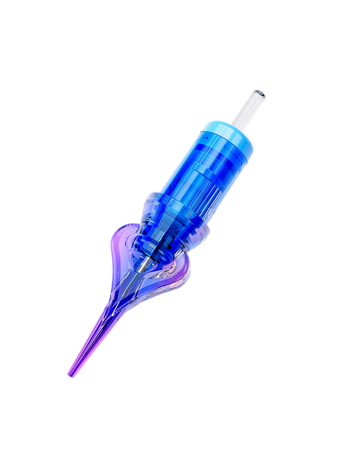 Blue and purple pmu naald on a light gray background