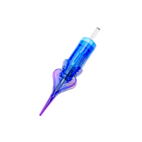 Blue and purple pmu needle on a light gray background