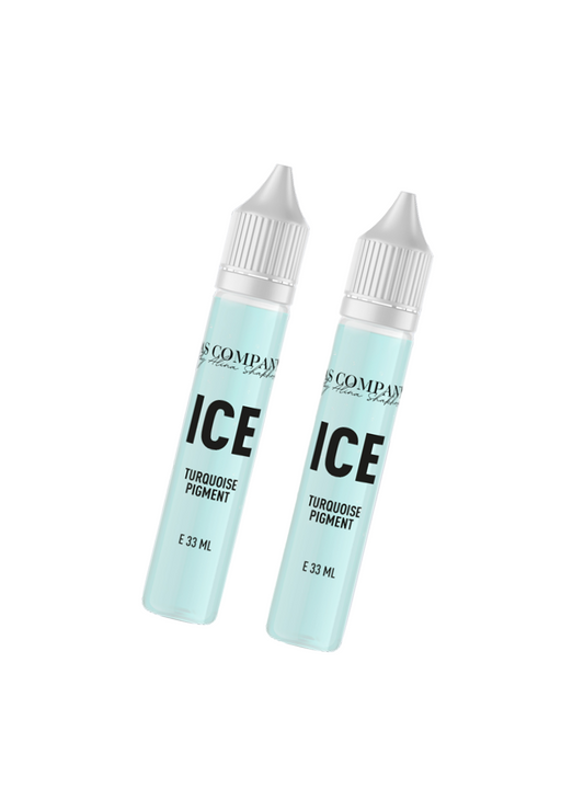 Two bottles of turquoise pigment with 'ICE' branding on a light gray background