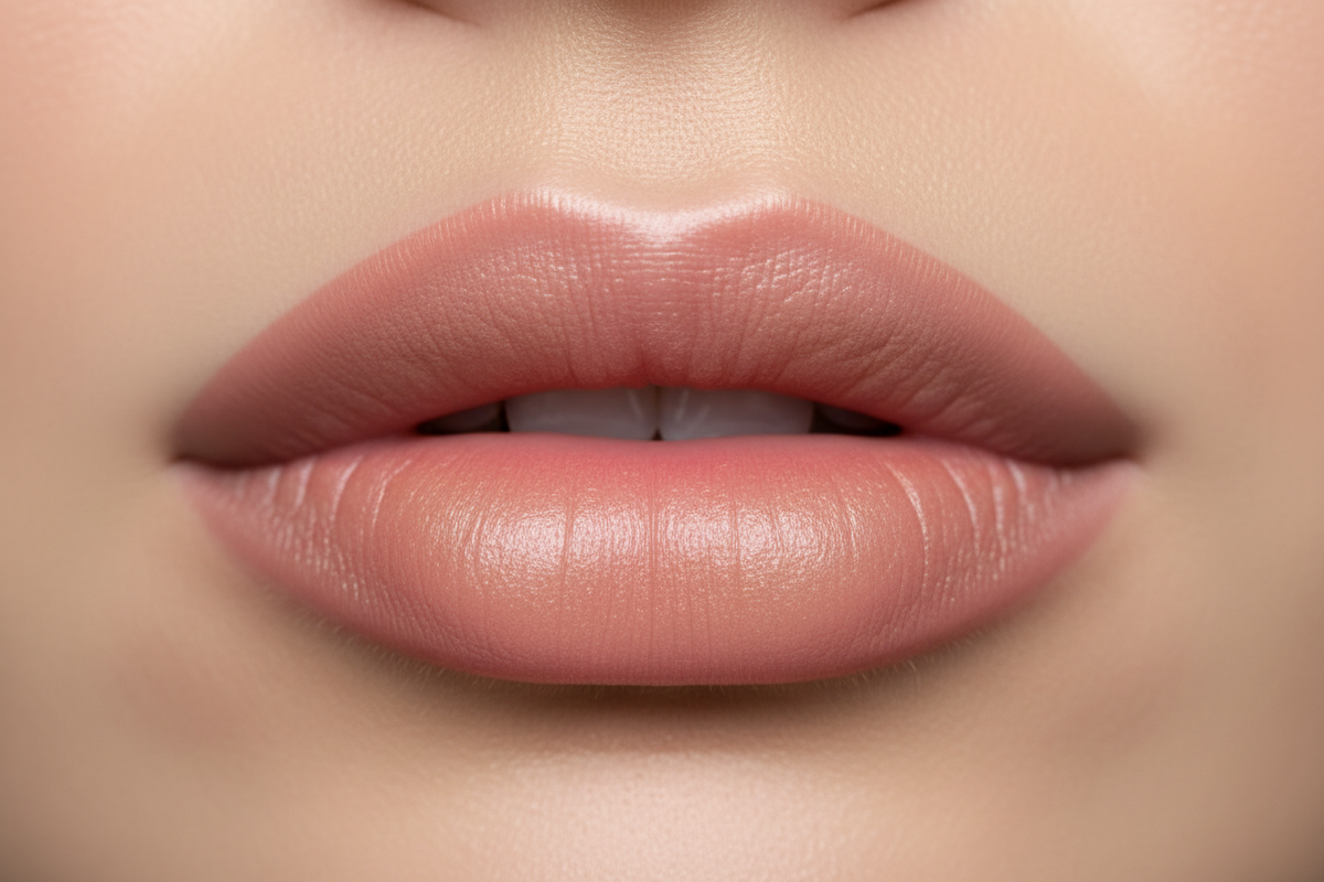 Close-up of lips with soft pink permanent makeup lip pigmentation