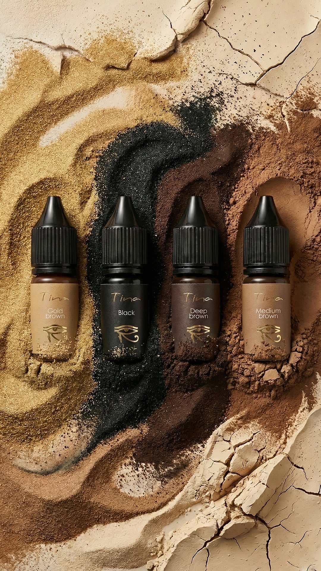 Tina eyeliner pigments by Valentina Zayats: Gold Brown, Black, Deep Brown and Medium Brown