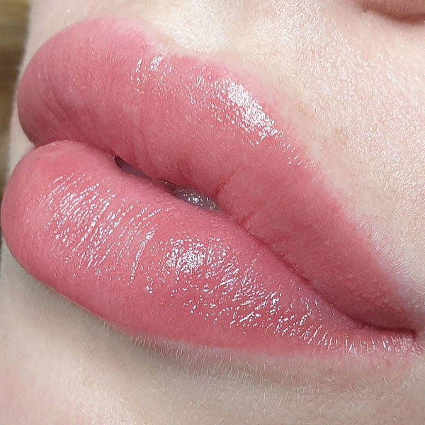 Close-up of a person's lips with a glossy lip product nude pigment pmu