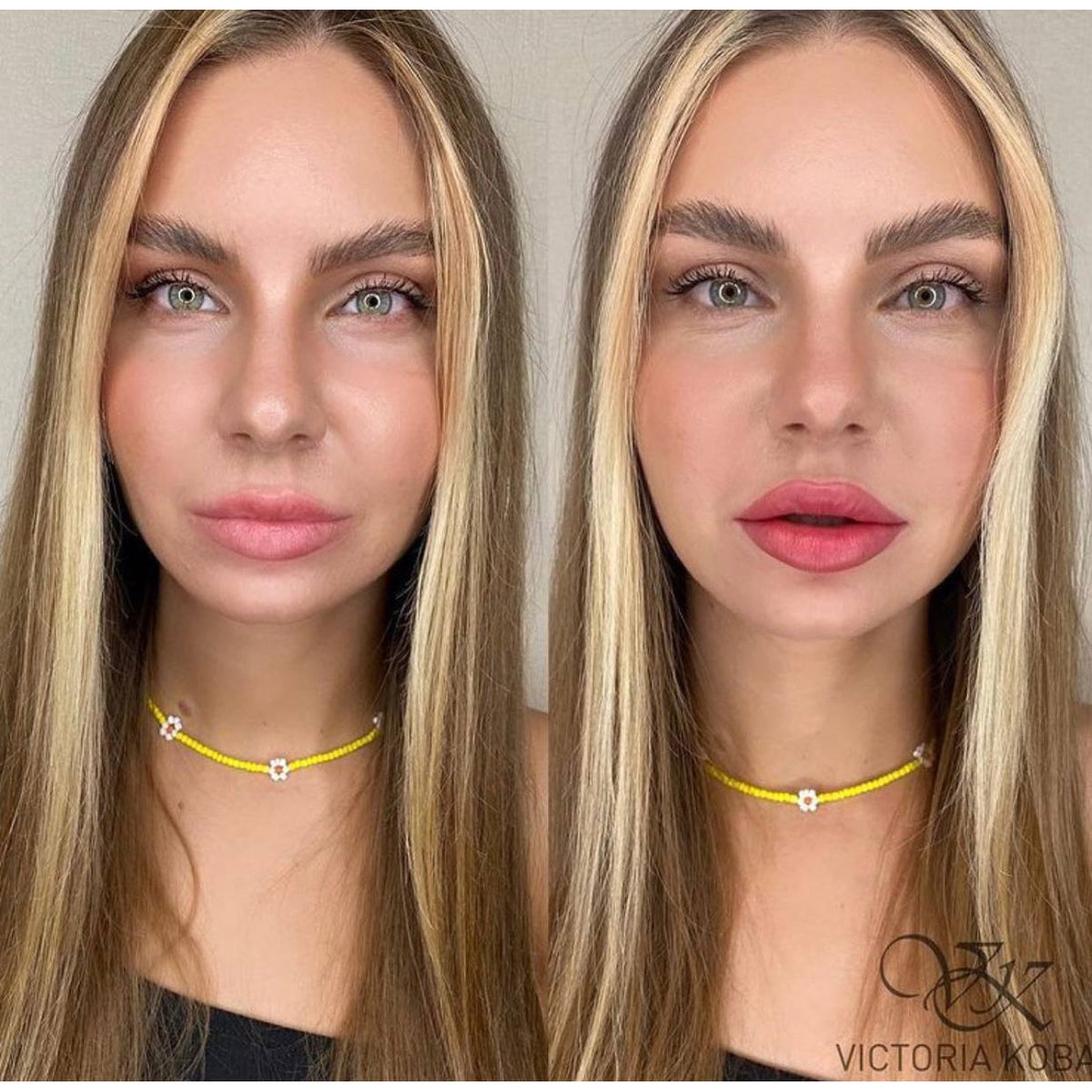 Before and after lip blush with FACE Blush hybrid lip pigment