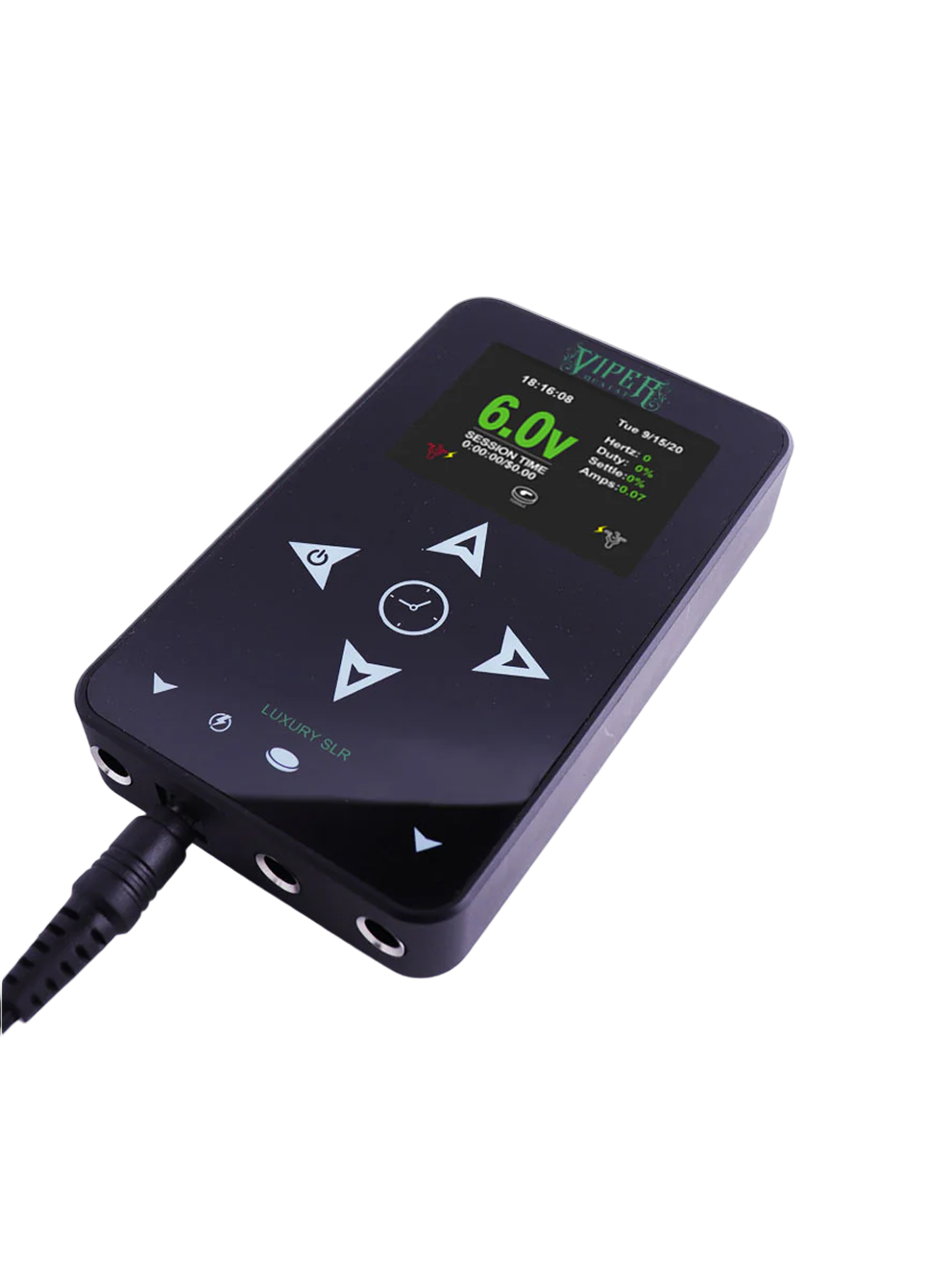 A black tattoo power supply with a digital screen displaying 6.0V, with buttons and a pedal connected by a cable.