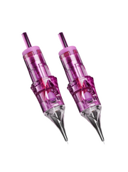 Two purple colored permanent makeup tattoo needles with a stabilizing system.