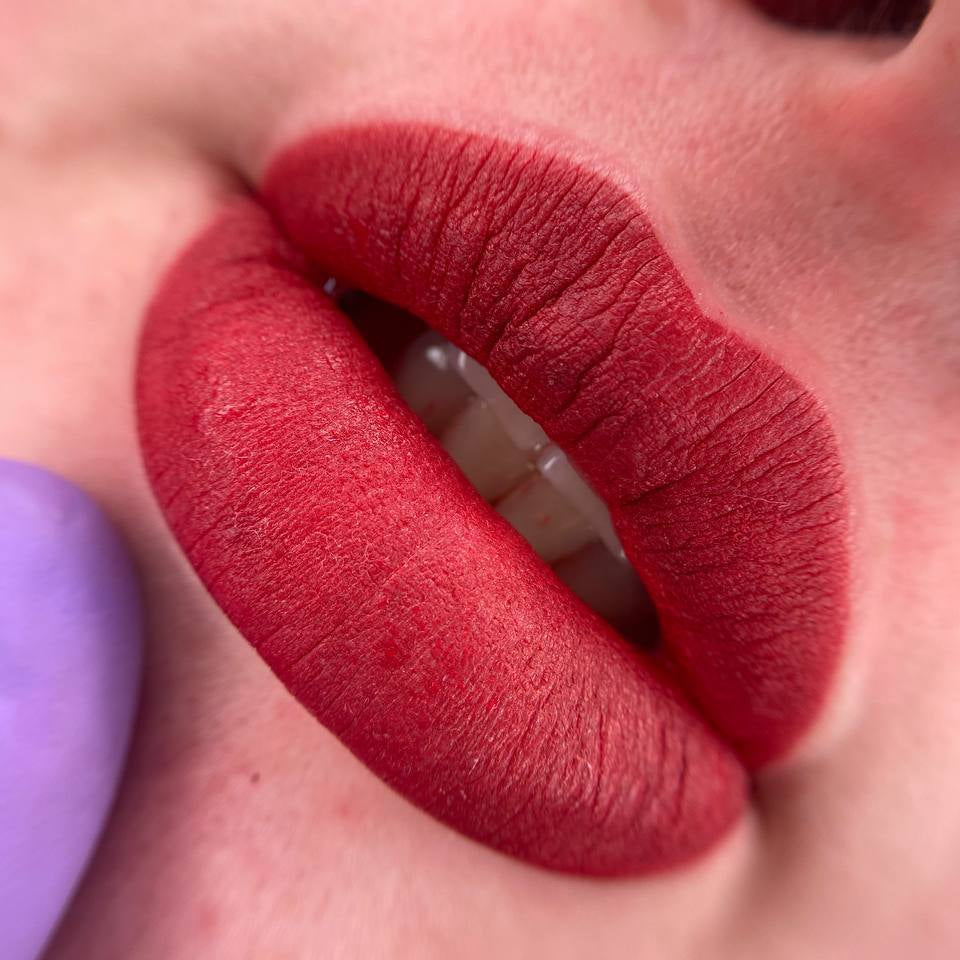 Deep red lips with a FACE Bellucci and Megan pigment mix