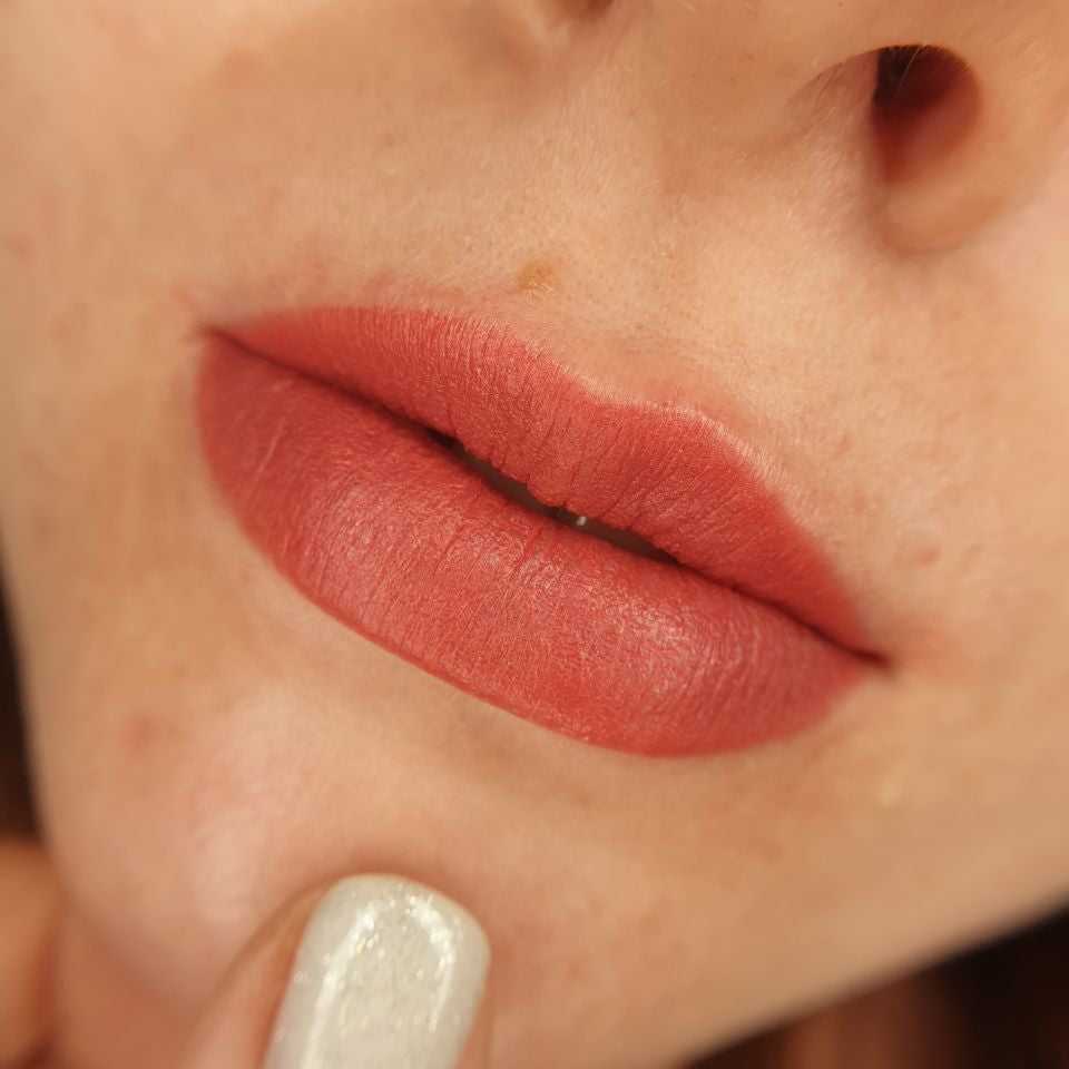 Soft coral lip blush with FACE Blush and Moore diluted with FACE Pigment Thinner