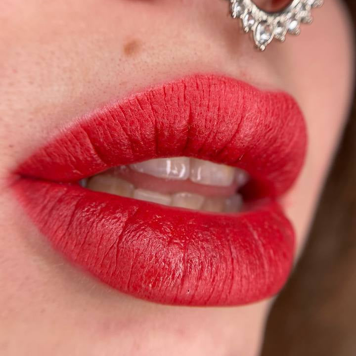 Bold red lips with a FACE Bellucci and Moore pigment mix