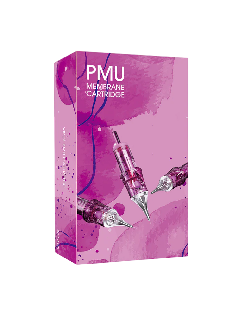 Box of membrane cartridges with pink and purple design on a light background