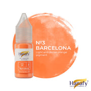 Hanafy pmu pigment bottle with orange color swatch labeled 'Barcelona' on a white background