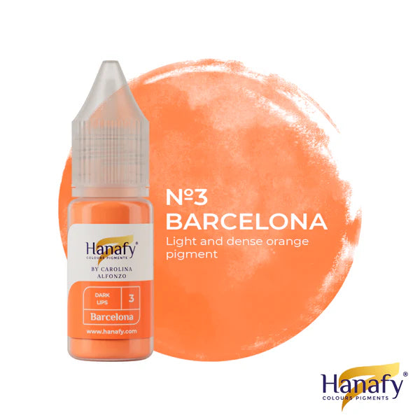 Hanafy pmu pigment bottle with orange color swatch labeled 'Barcelona' on a white background