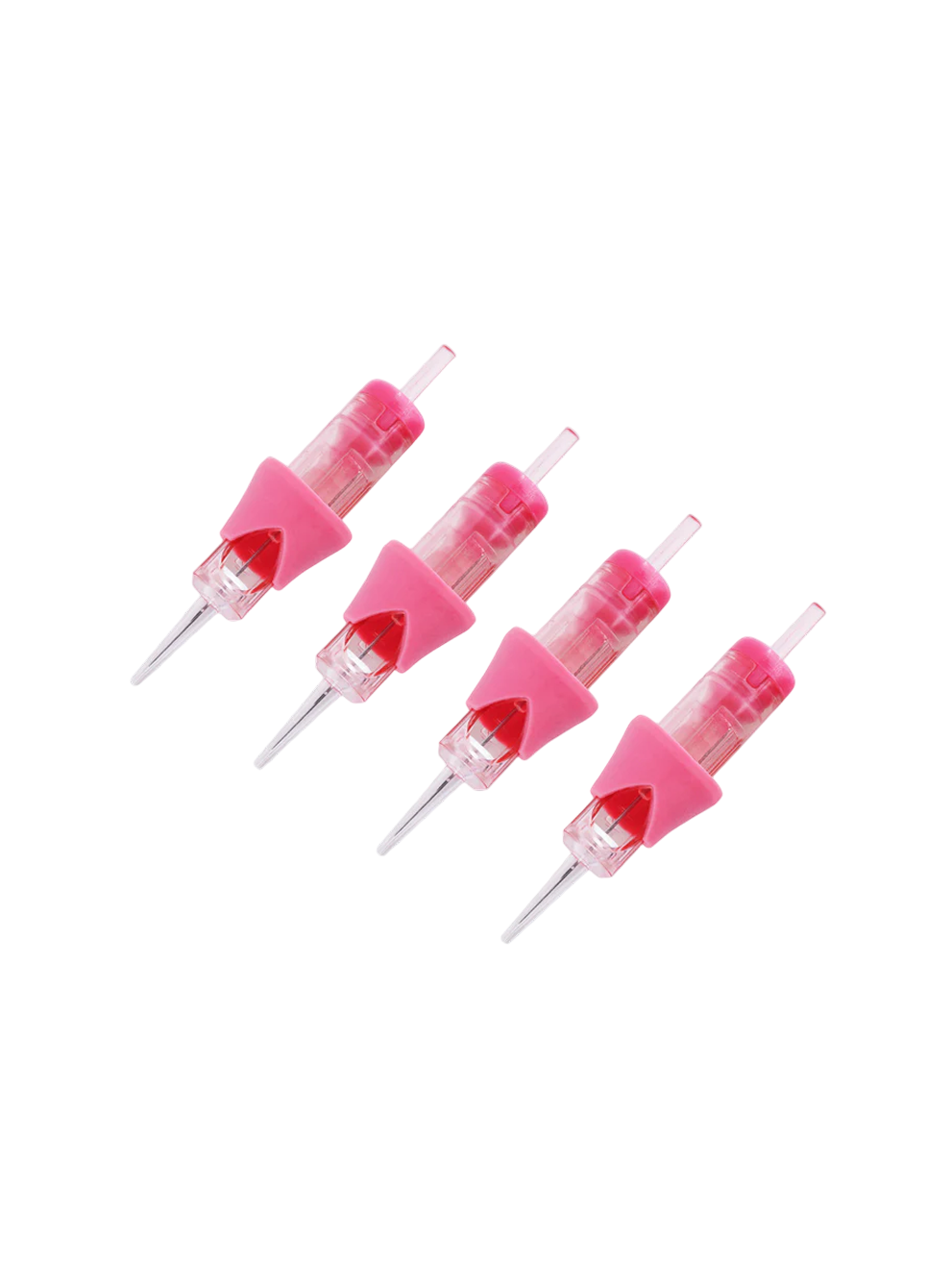 A set of four pink tattoo needle cartridges with long tips and finger  ledges. Permanent makeup catridges 