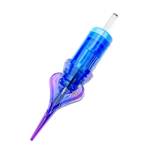 Blue and purple pmu naald on a light gray background