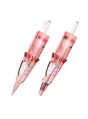 Two pink-colored VIPER precision PMU needle cartridges with membrane seals, one for round liner and the other for round shader, showing the taper and length.  Lip Blush PMU Cartridges 3RS. Lippen Permanent Make-up Nadeln. Lippen Permanente Make-up Naalden. Aiguilles PMU Lèvres pour Maquillage Permanent.