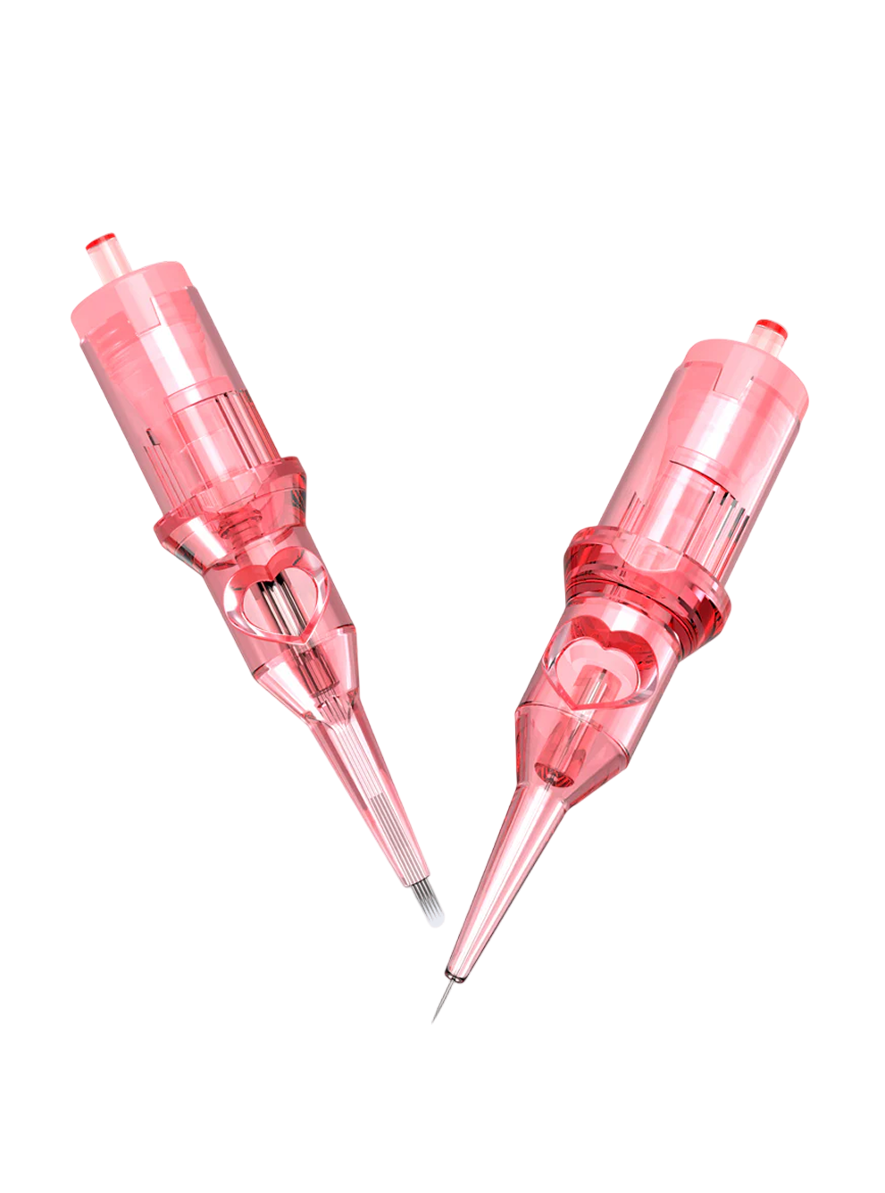 Two pink tattooing needles with integrated safety membranes, made from surgical steel and medical plastic.
