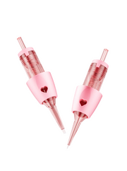 Two pink tattoo needle cartridges with heart designs, one for lining and one for shading, isolated on a white background.