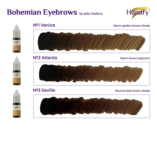 Color swatches for Bohemian Eyebrows by Julia Vassileva with product names and descriptions. Hanafy Pigments