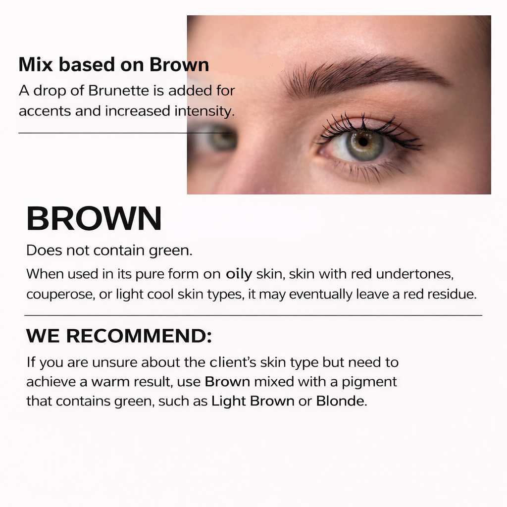 Brown-Haired brow pigment swatch with usage description, skin type recommendations, and mixing advice for permanent makeup artists