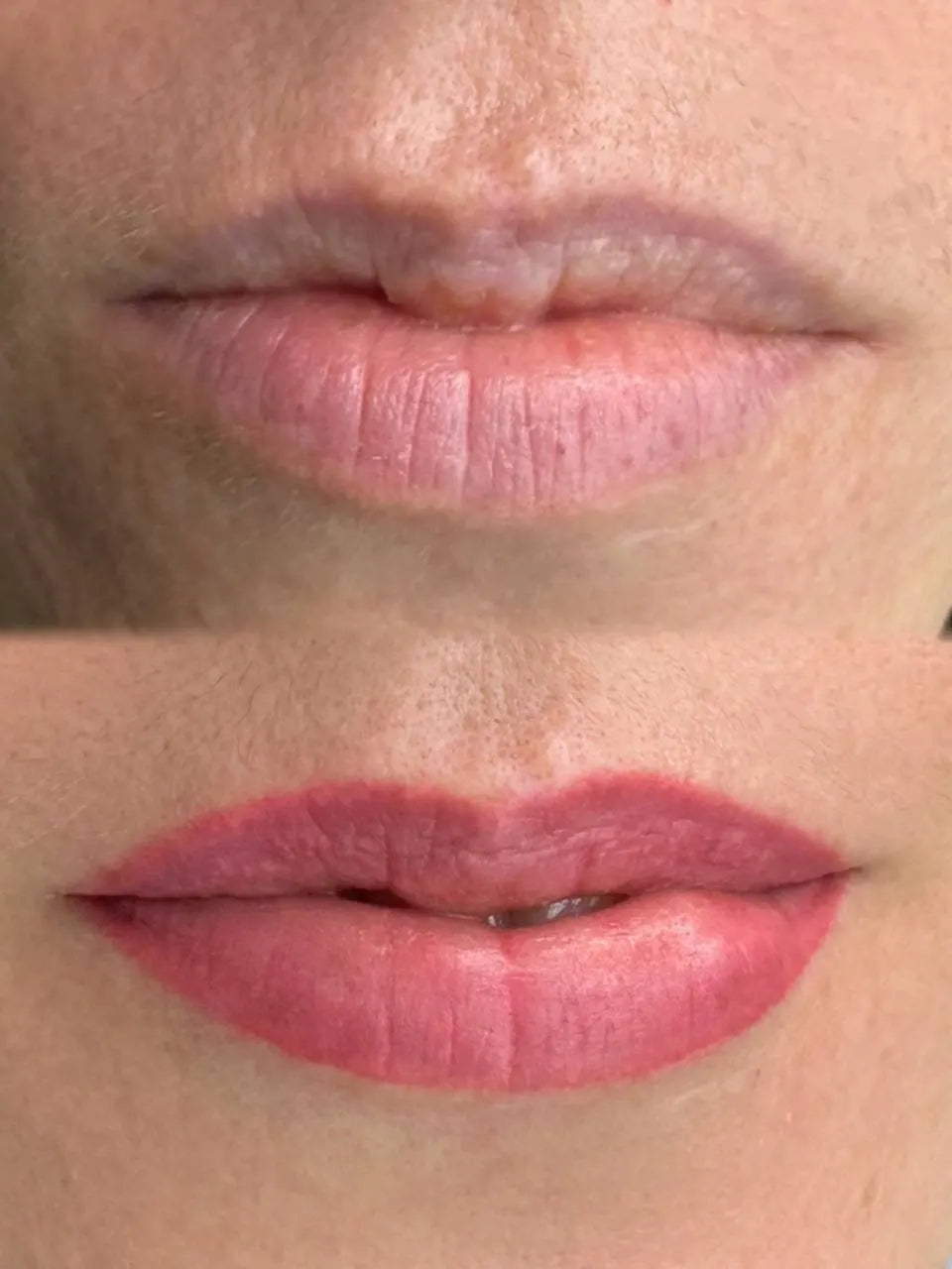 Close-up of a person's hanafy lips with a neutral background pmu