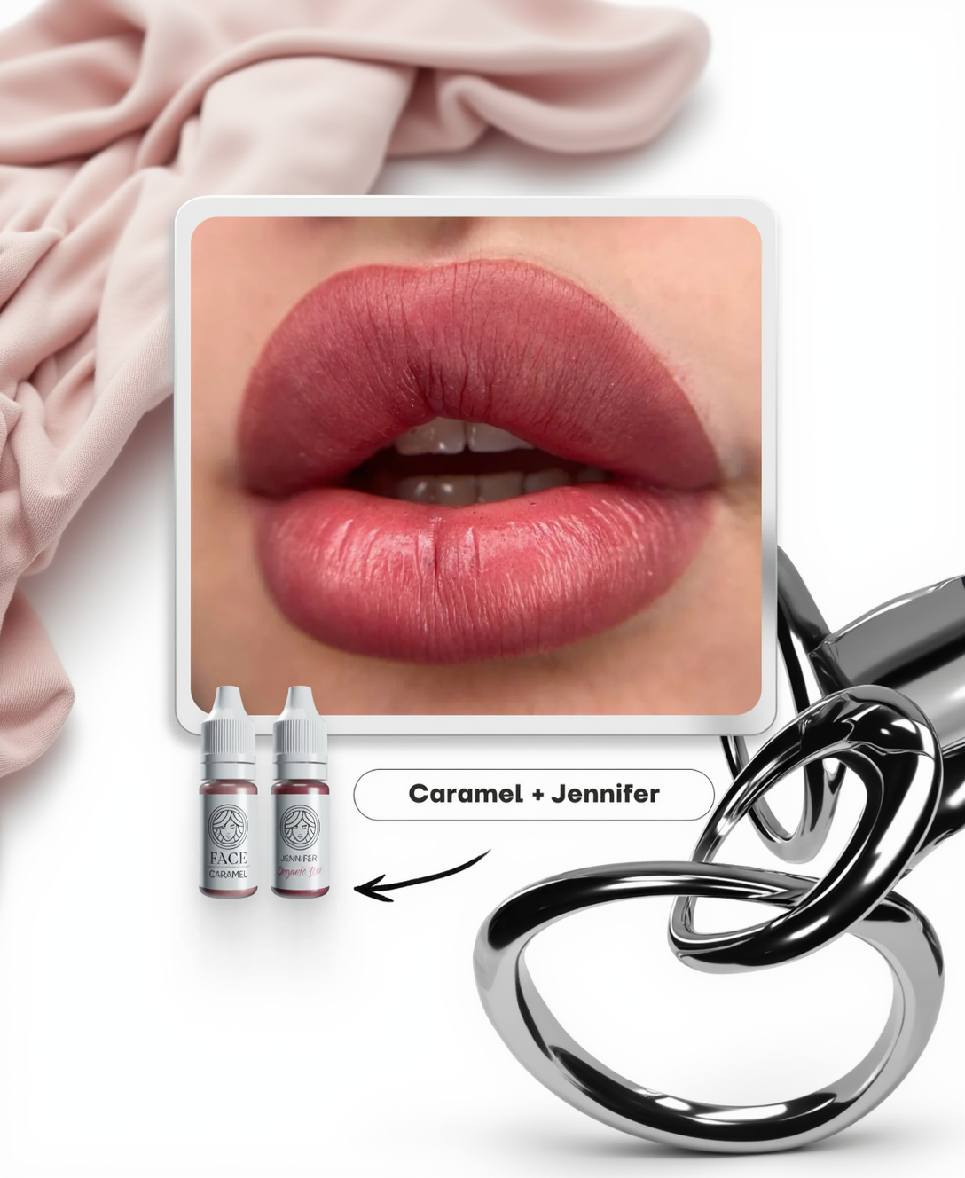 Close-up of lips with a pmu pigment face labeled 'Caramel + Jennifer' and two bottles below.