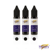 Three bottles of Hanafy color eyelids pigments on a white background charcoal 6 deep black 7 black rose 8
