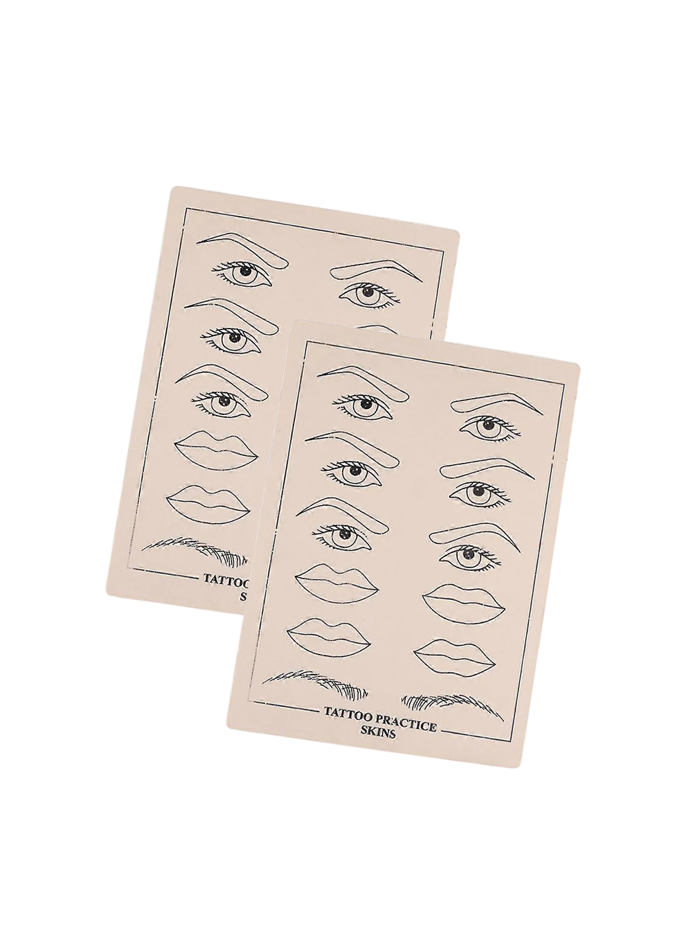 Two sheets of tattoo practice skin with line drawings of eyes and lips on a light gray background.