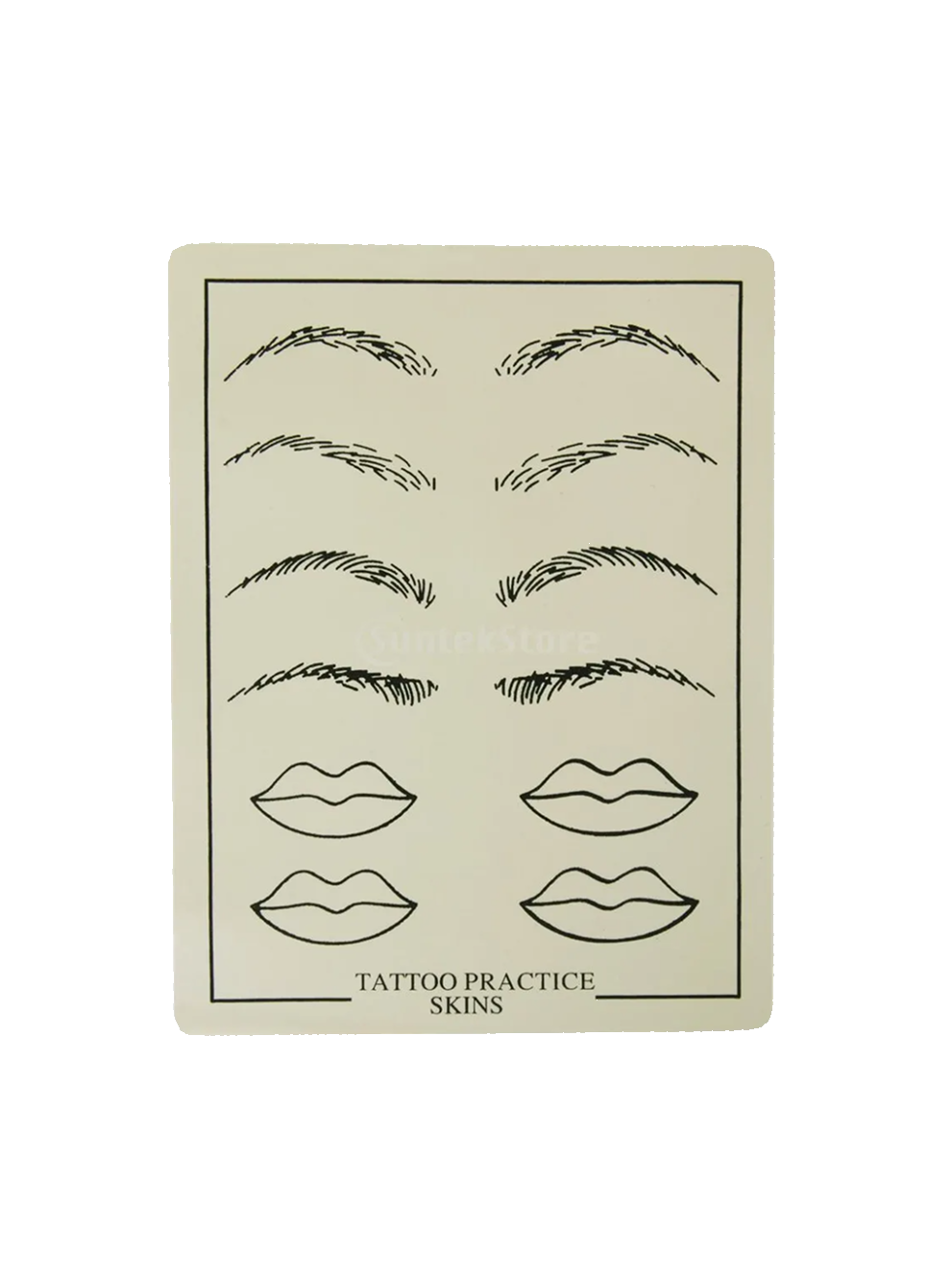 Sheet of tattoo practice skins with various designs on a beige background