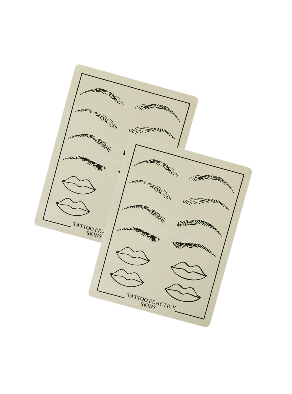 Two sheets of tattoo practice skins with lip and eyebrow designs on a light gray background.