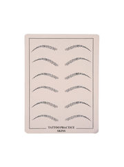 Sheet of tattoo practice skins with various eyebrow designs on a beige background.