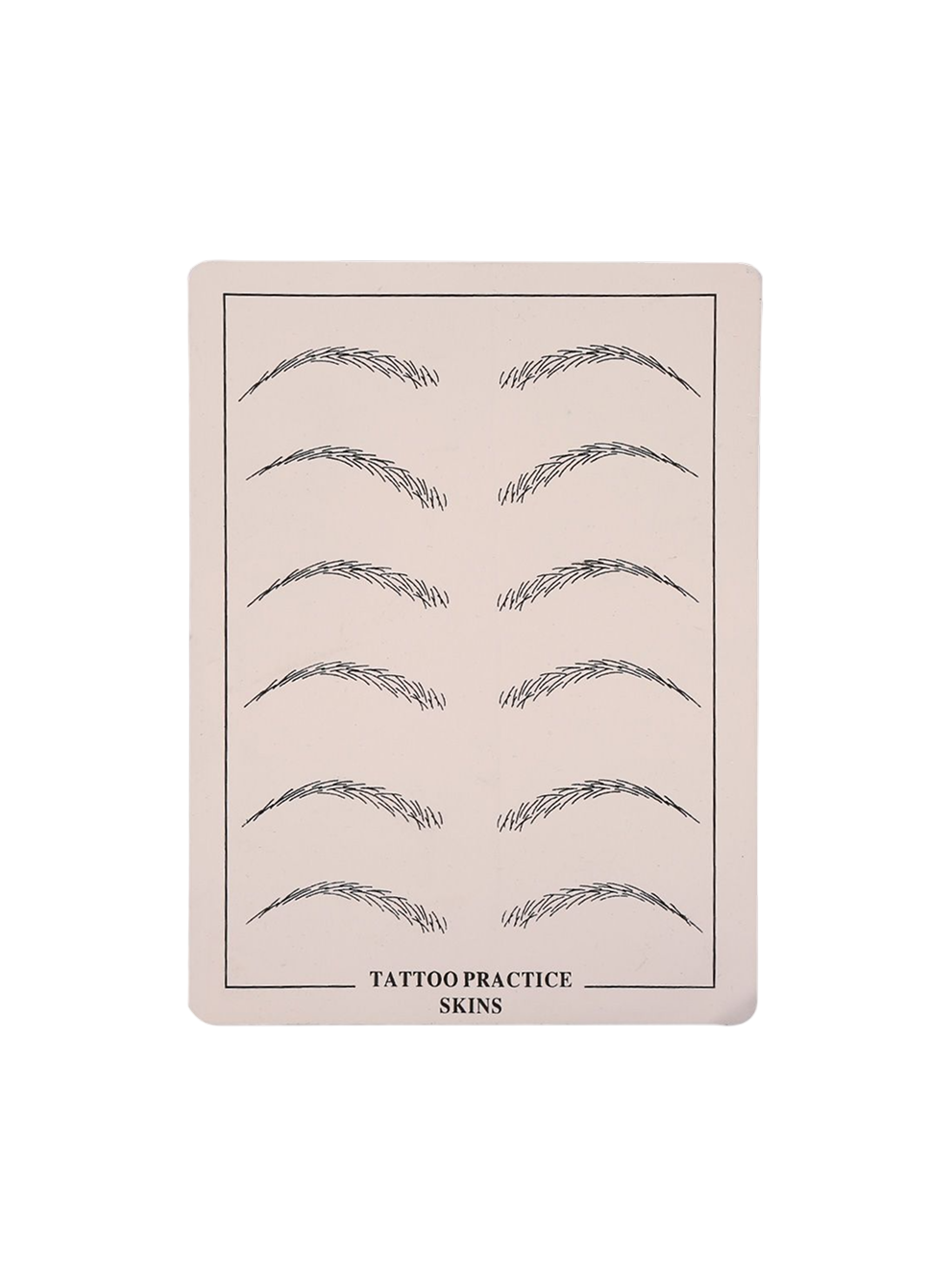 Sheet of tattoo practice skins with various eyebrow designs on a beige background.