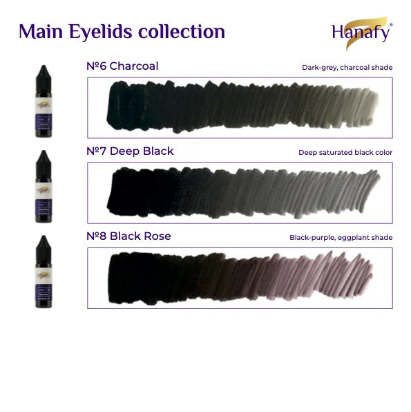 Collection of eyelid permanent makeup shades with product names and colors on a white background hanafy