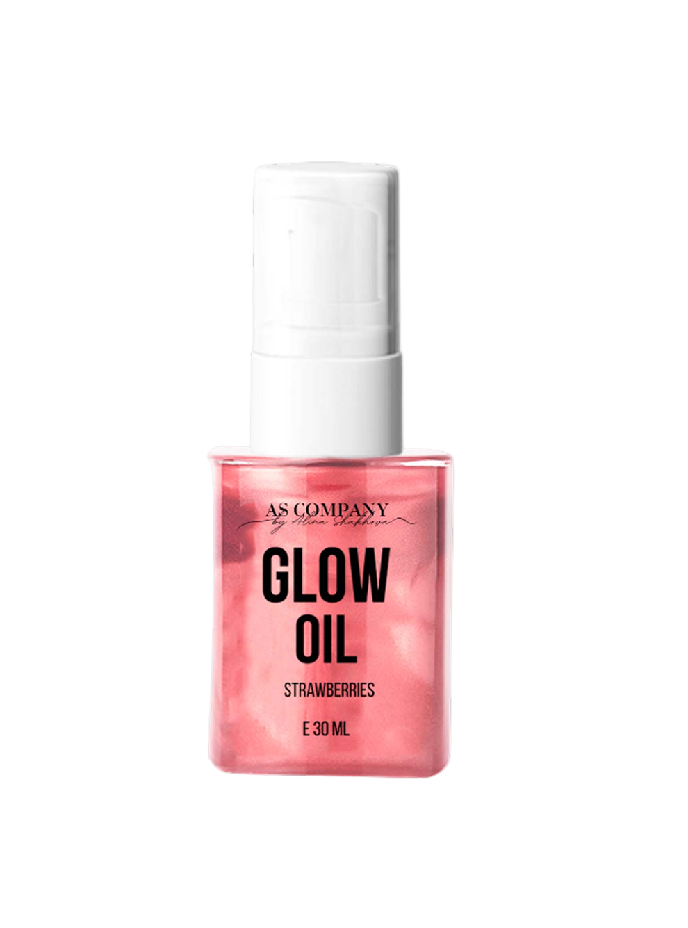 Pink bottle of 'Glow Oil' with white cap on light gray background