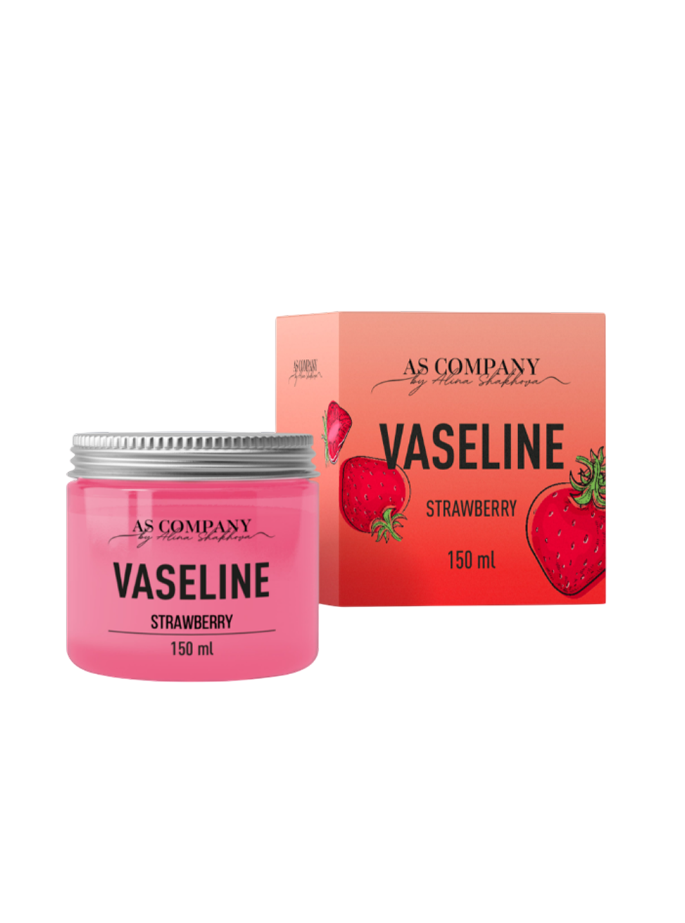 Pink Vaseline jar and packaging with strawberry flavor on a light gray background
