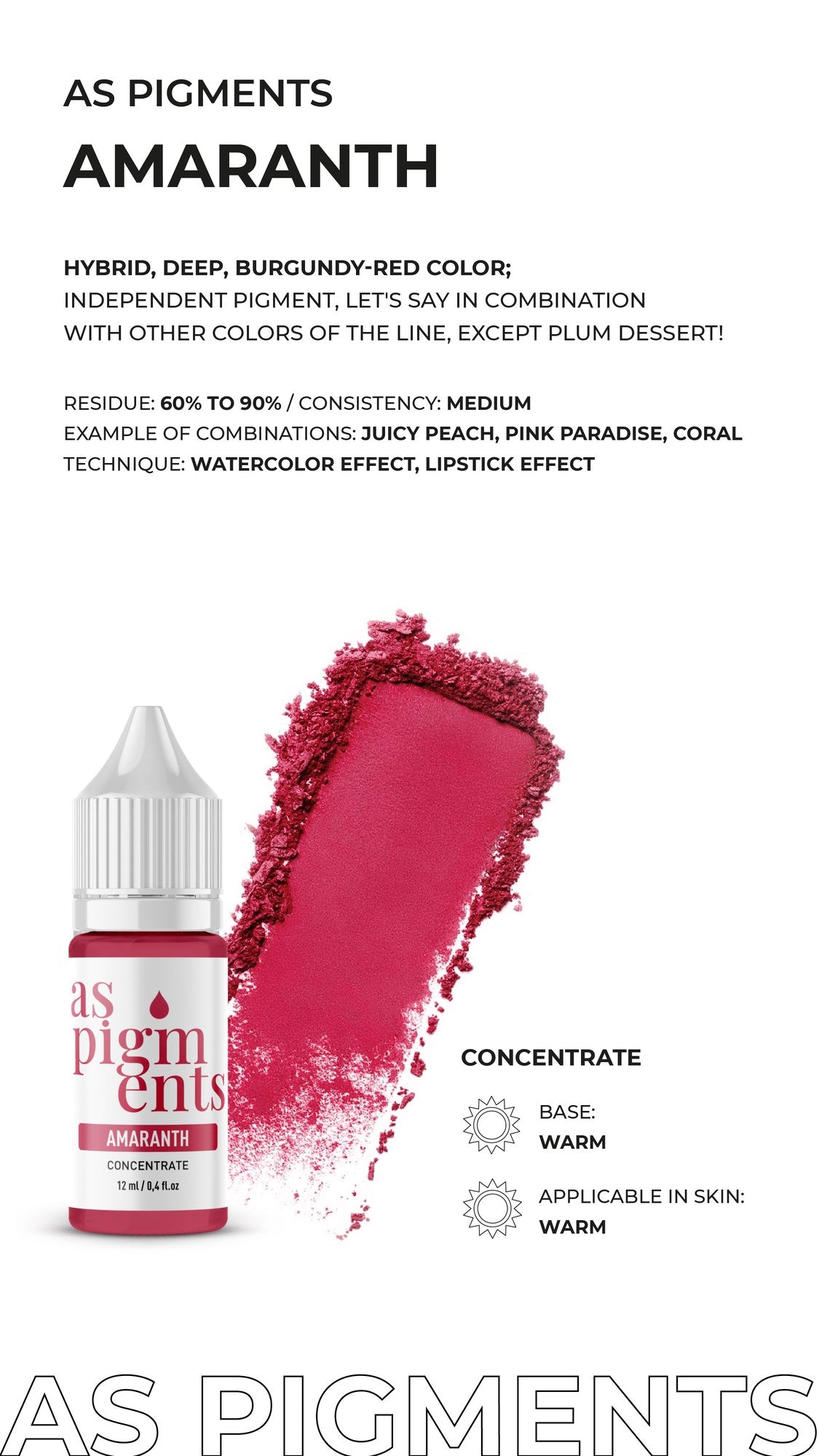 AS Company Amaranth concentrate: shade card with swatch, base and recommended techniques