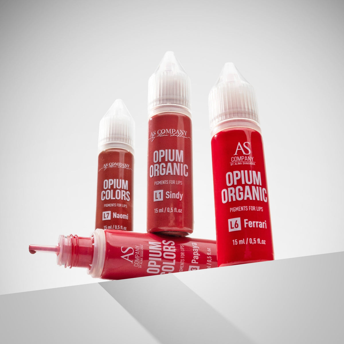 AS Company bright red lip pigments Ferrari, Sindy, Naomi and Papaya