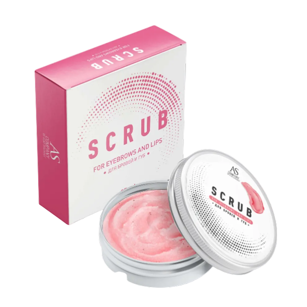 Pink eyebrow and lip scrub with packaging on a light gray background