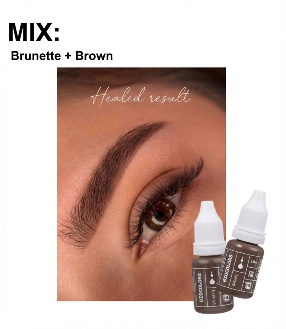 Eyebrow pigment product with 'Healed result' text and two bottles on a white background biocolors