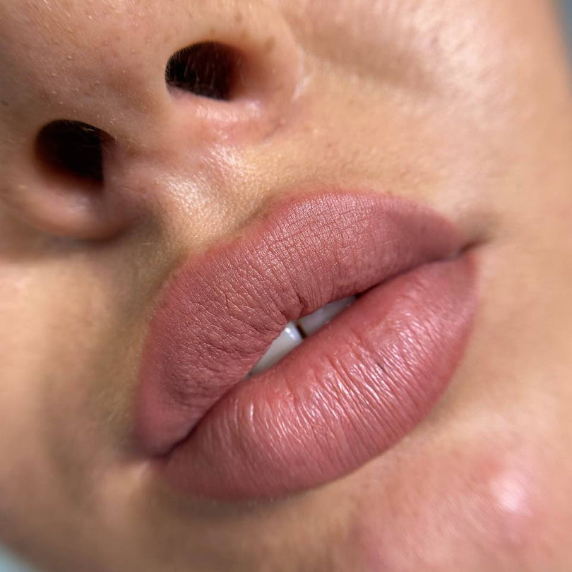 Healed nude lip blush with a FACE Caramel, Jennifer and Apricot pigment mix