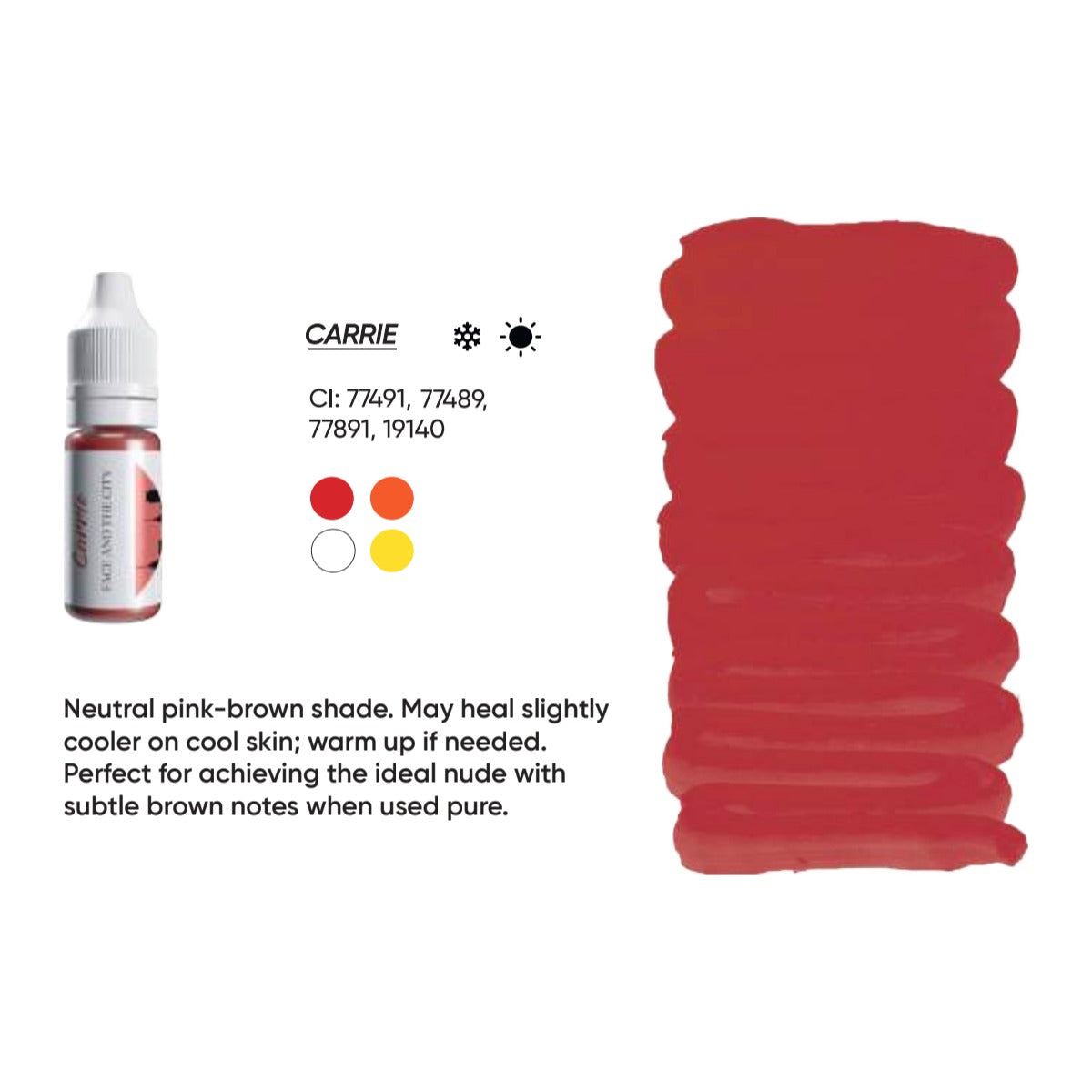 FACE Carrie Organic Love lip pigment swatch card with shade description, CI numbers and colour notes