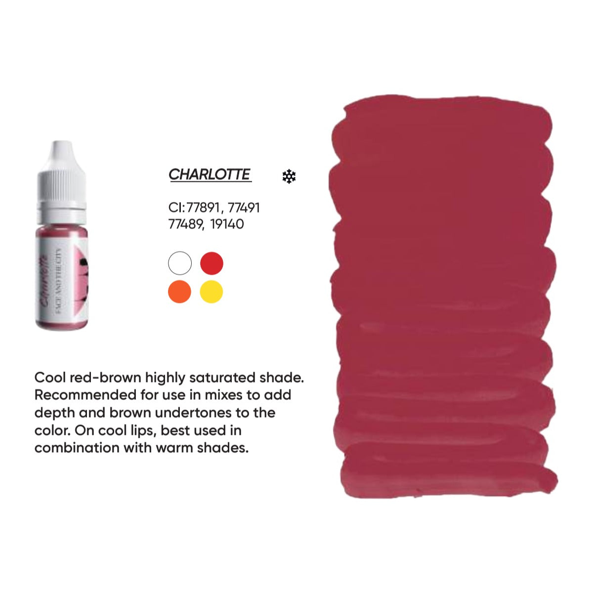 FACE Charlotte Organic Love lip pigment swatch card with shade description, CI numbers and colour notes