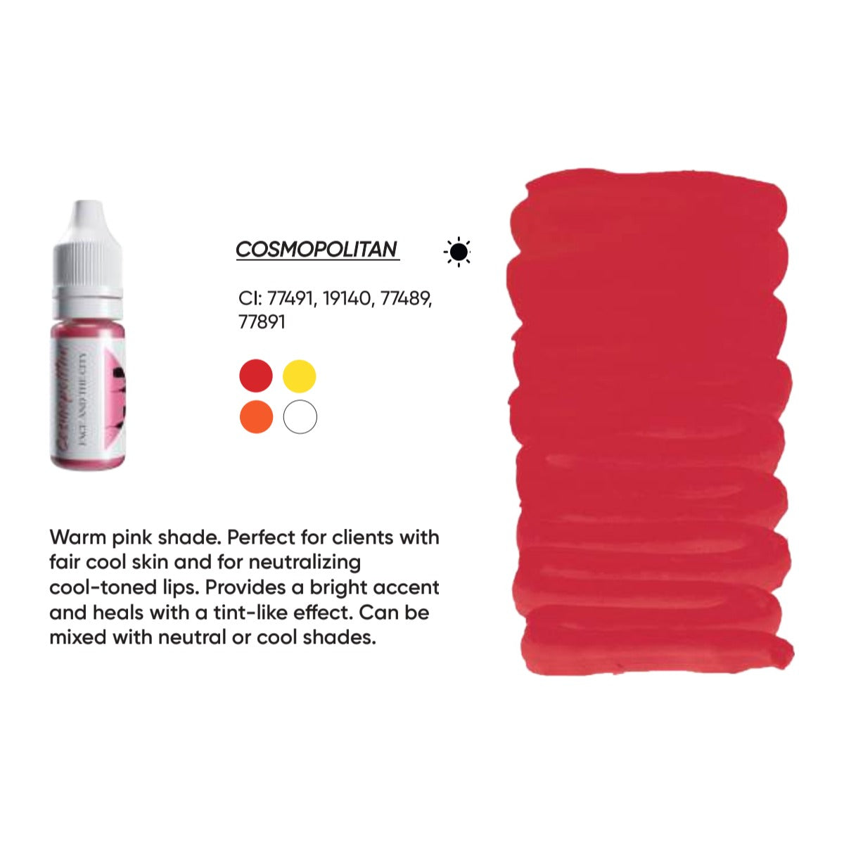 FACE Cosmopolitan Organic Love lip pigment swatch card with shade description, CI numbers and colour notes