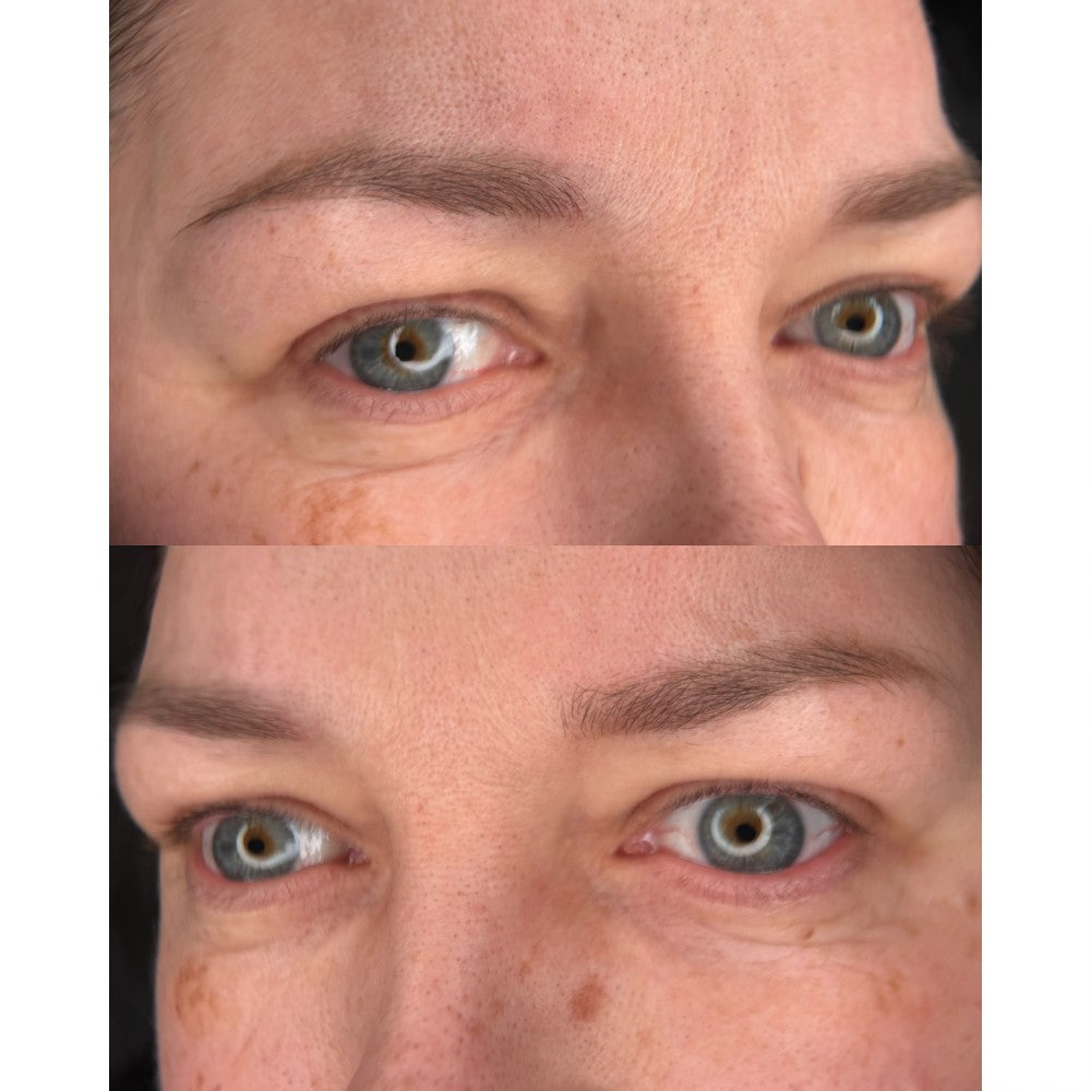 Verheiltes Augenbrauen-PMU mit einer Mischung aus FACE Mineral Warm und Light (vorher und nachher)