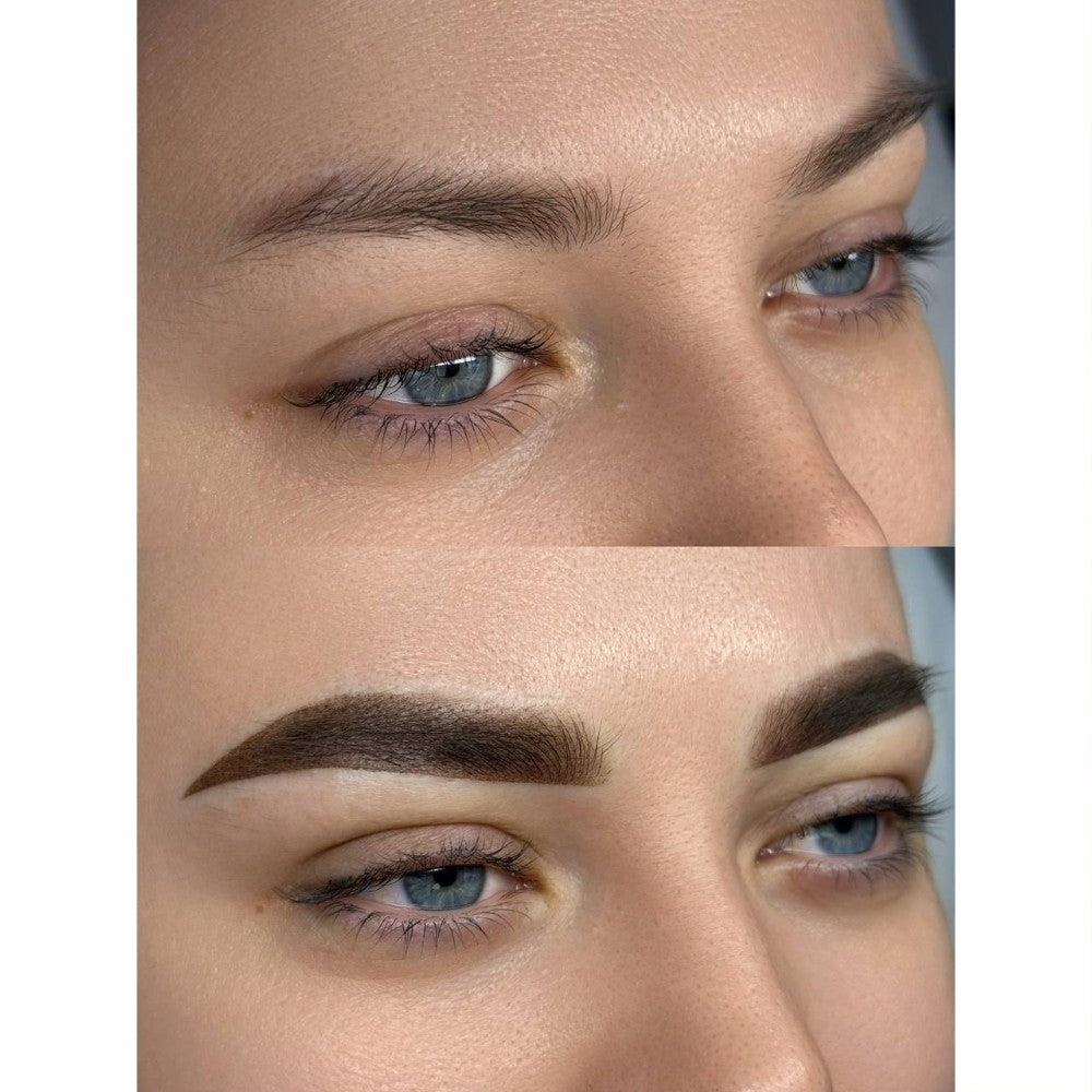 Brow PMU with a FACE Mineral Medium, Gold and Black Brown mix (before and after)