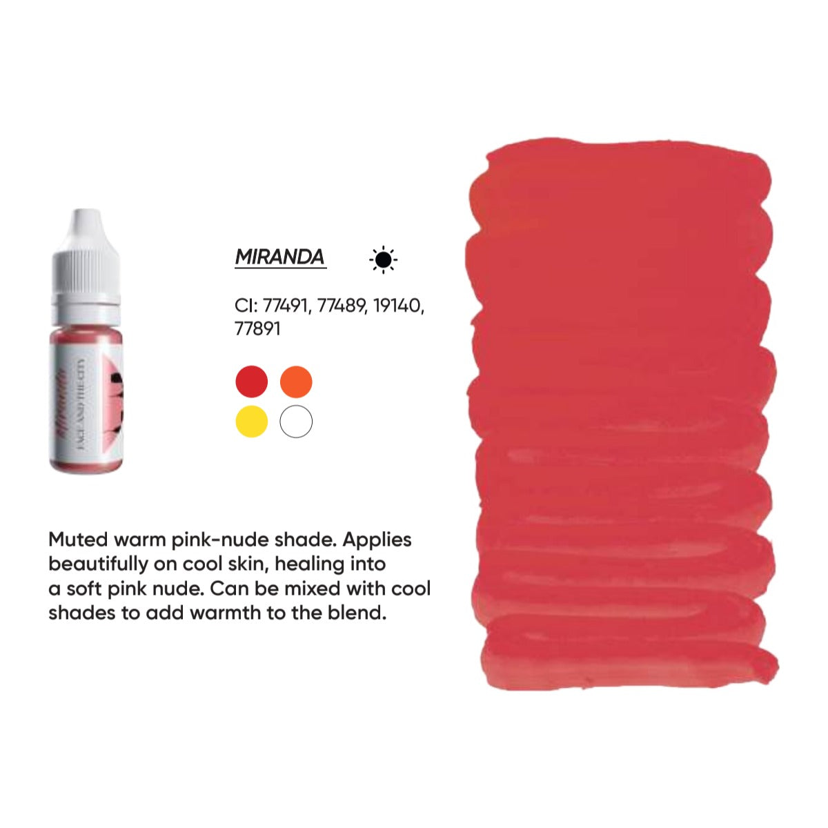 FACE Miranda Organic Love lip pigment swatch card with shade description, CI numbers and colour notes