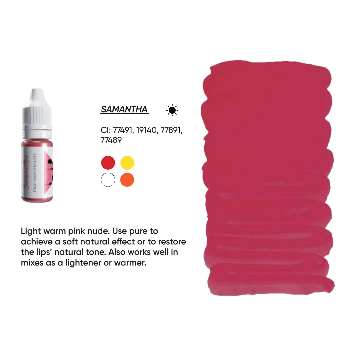 FACE Samantha Organic Love lip pigment swatch card with shade description, CI numbers and colour notes