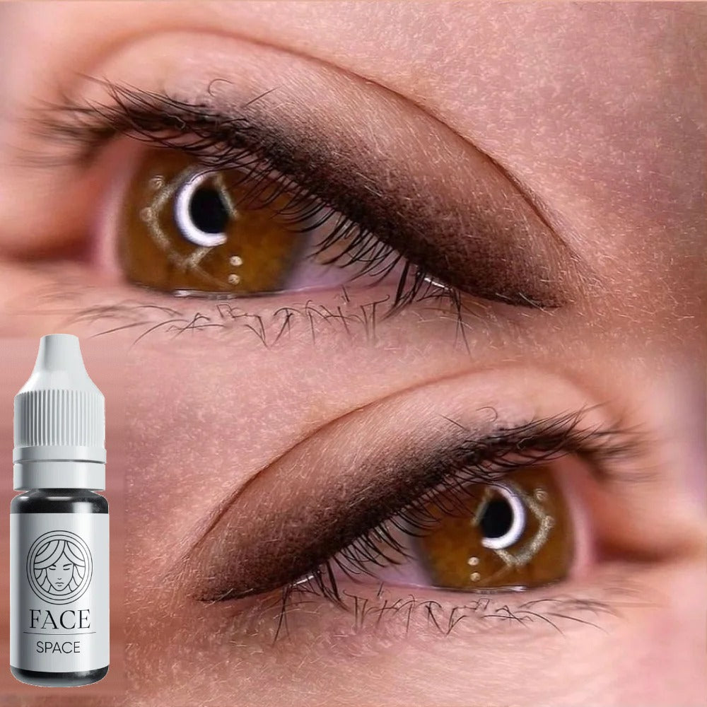 Eyeliner PMU with FACE Space Hybrid eyeliner pigment used pure, two views with the Space bottle