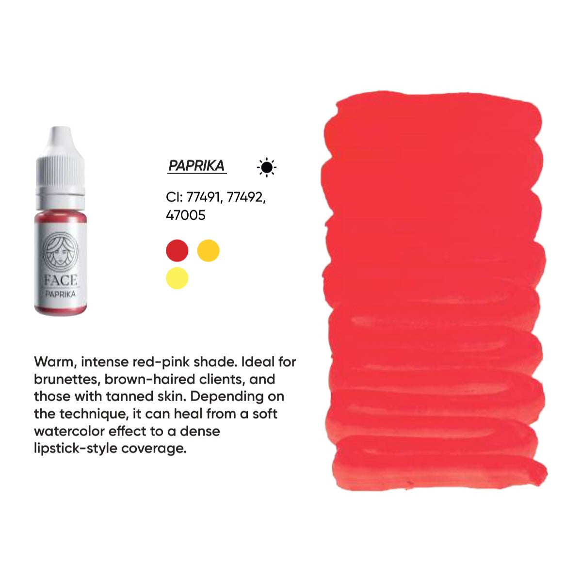 FACE Paprika hybrid lip pigment swatch card with shade description, CI numbers and colour notes