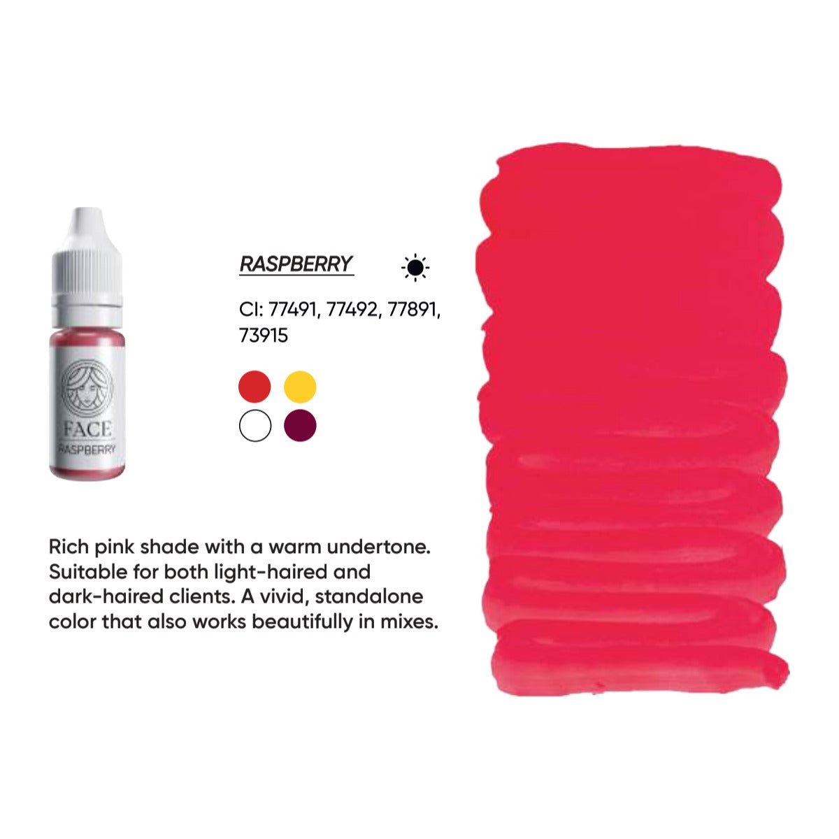 FACE Raspberry hybrid lip pigment swatch card with shade description, CI numbers and colour notes