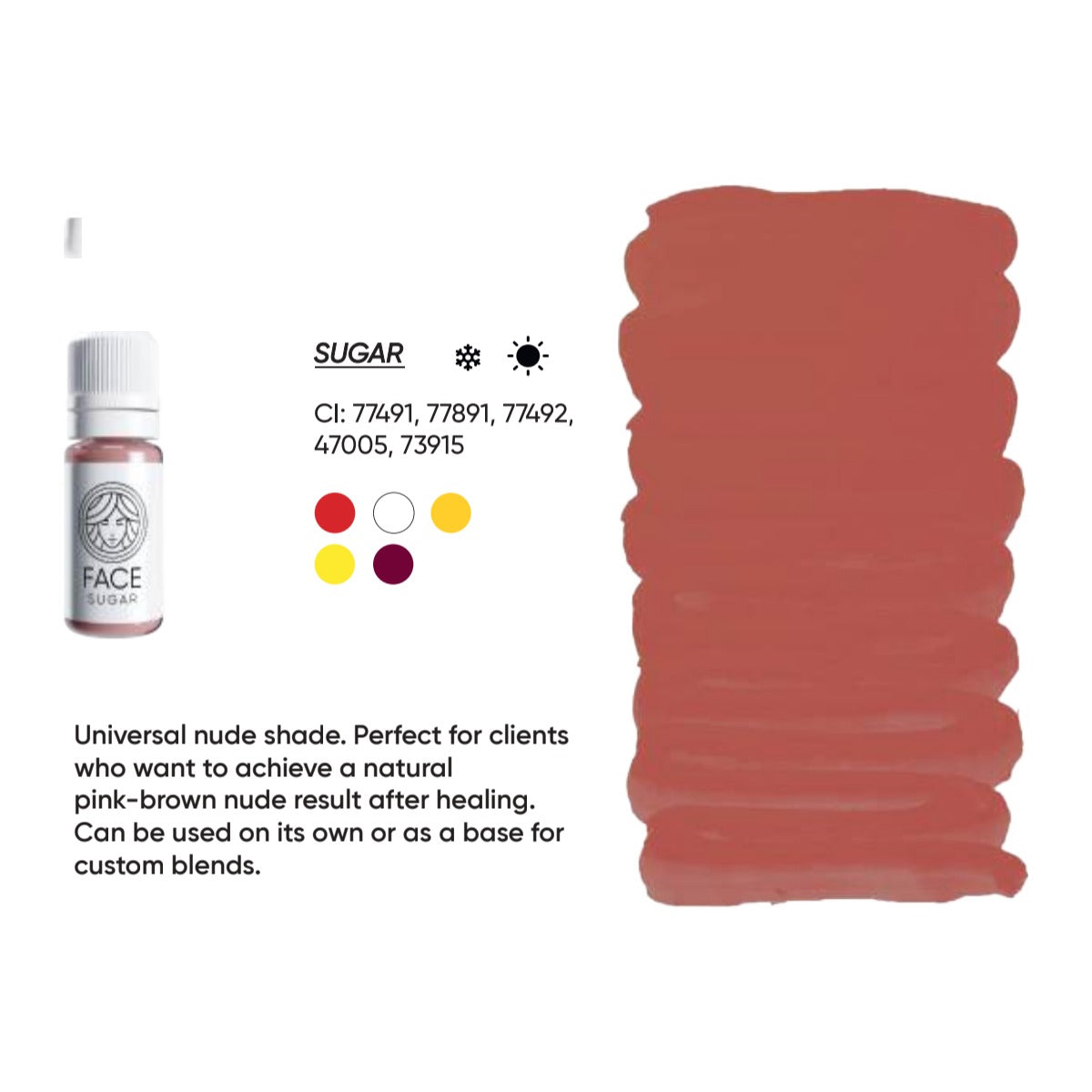 FACE Sugar hybrid lip pigment swatch card with shade description, CI numbers and colour notes